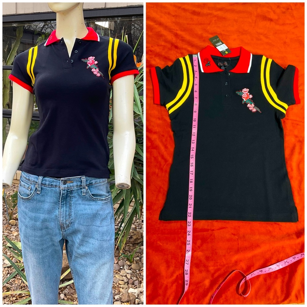 Black Polo Shirt with Red and Yellow Accents